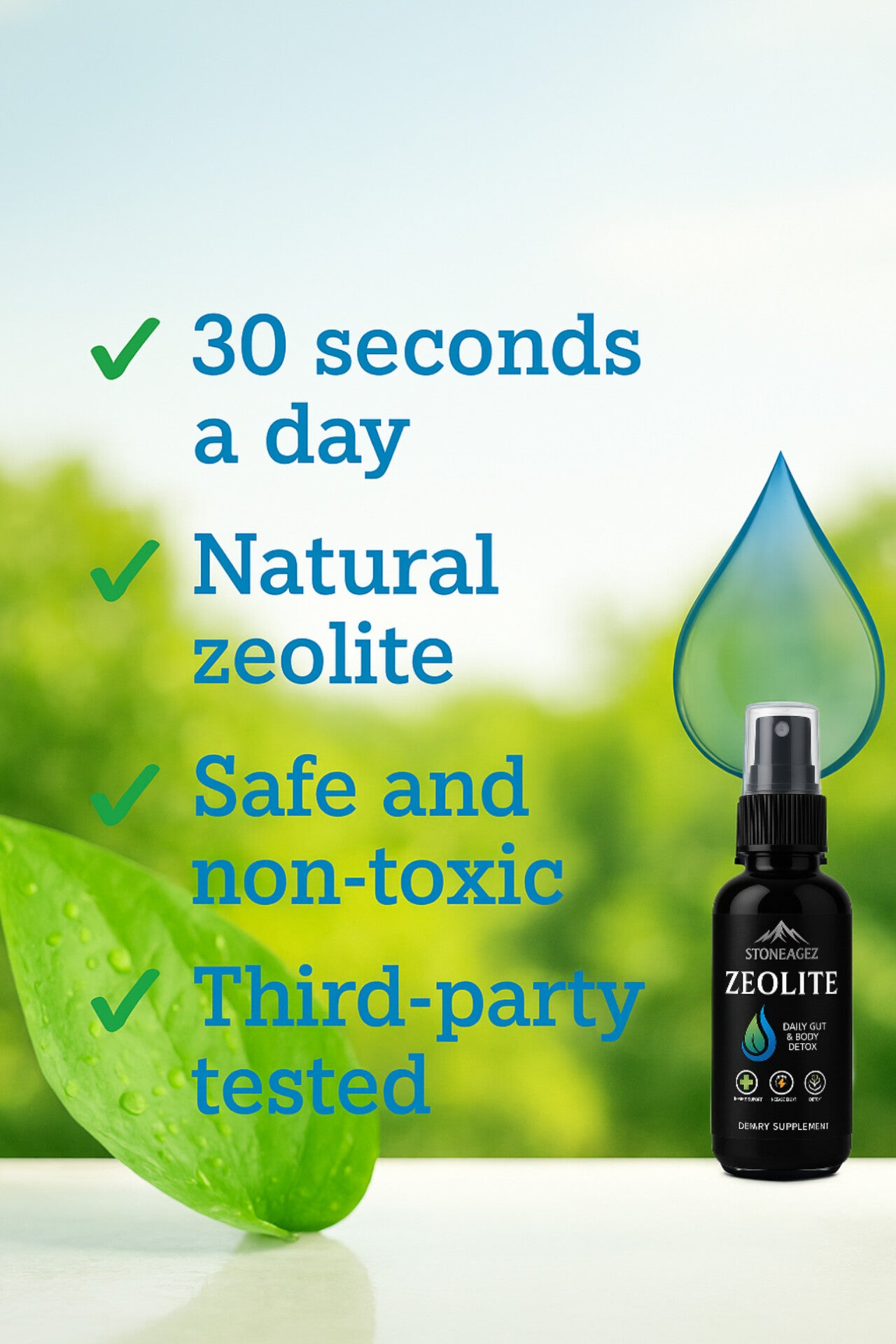 Stoneagez Zeolite Spray bottle, 60ml
Zeolite supplement spray for gut and detox support
Supplement facts label – clinoptilolite zeolite