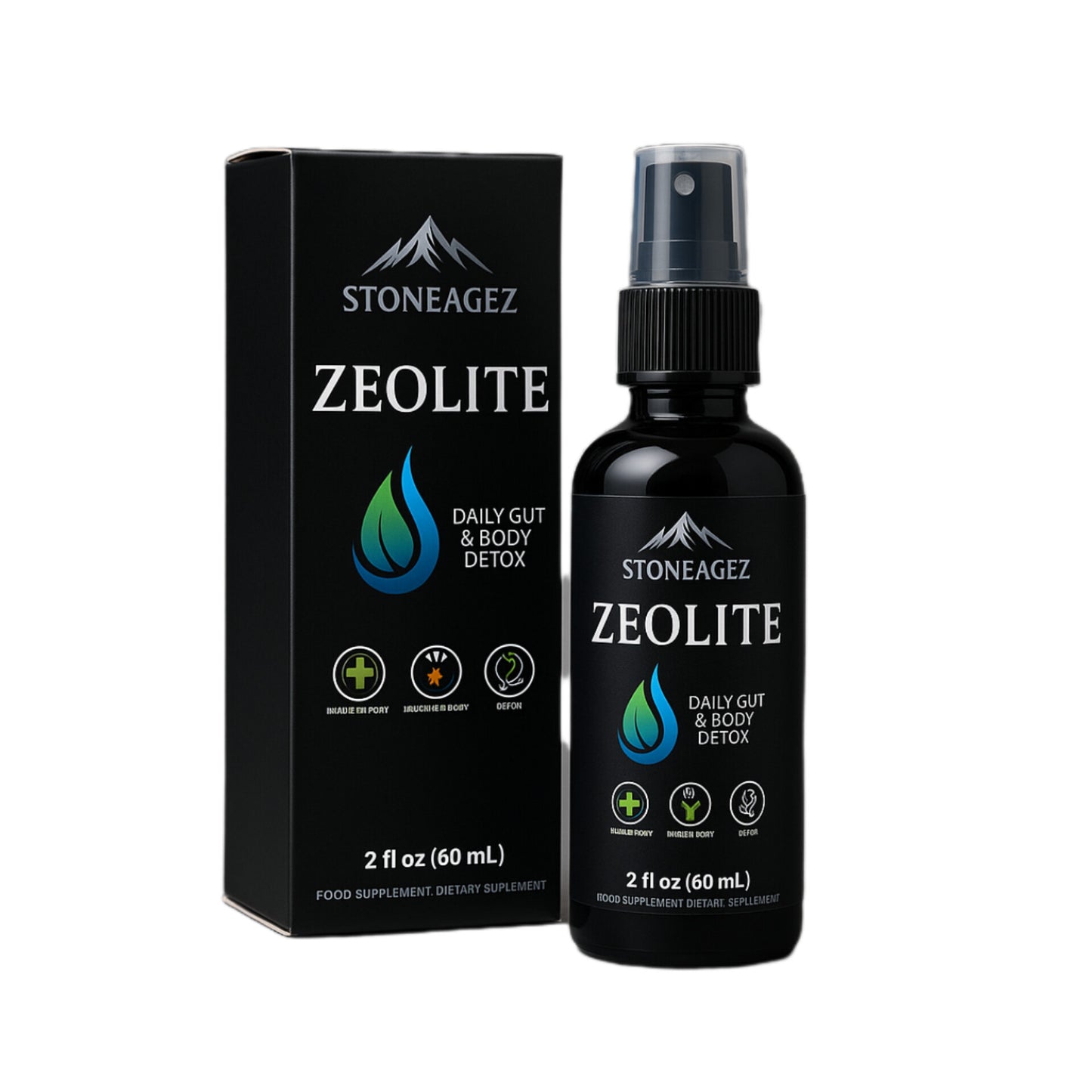 Stoneagez Zeolite Spray bottle, 60ml
Zeolite supplement spray for gut and detox support
Supplement facts label – clinoptilolite zeolite