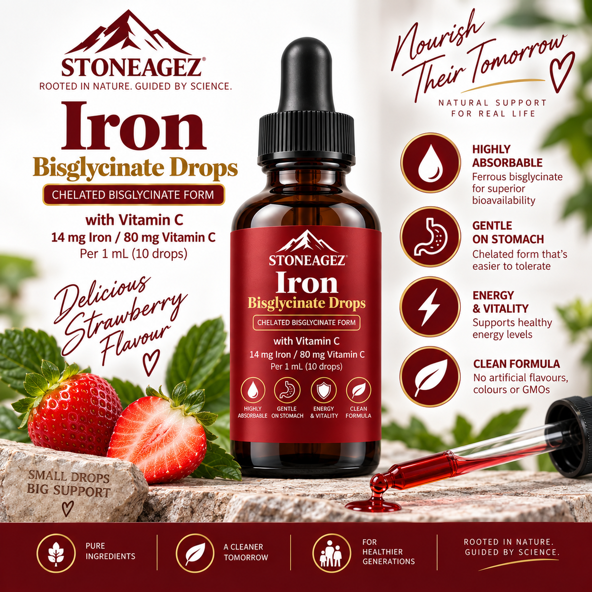 Chelated Iron Drops – Ferrous Bisglycinate with Vitamin C StoneAgez
