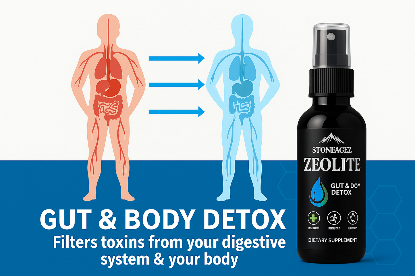 Stoneages Zeolite Spray 60ml gut and body detox illustration with human body and product bottle
Supplement facts label – clinoptilolite zeolite
