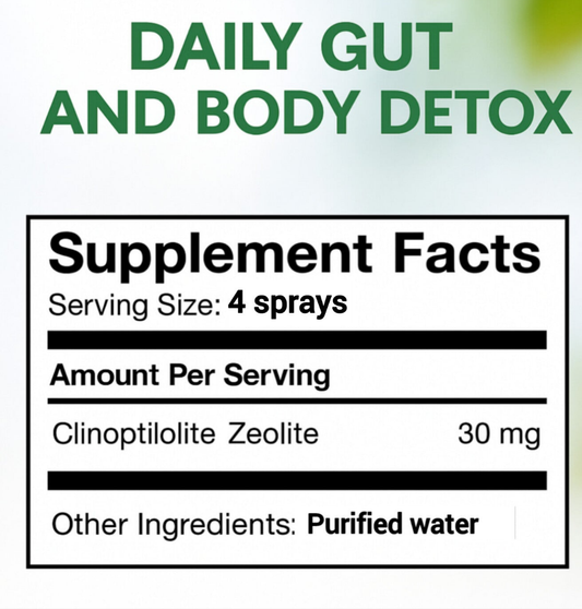 StoneAgez Zeolite Spray 60ml supplement facts panel showing clinoptilolite zeolite ingredients and serving size
clinoptilolite zeolite