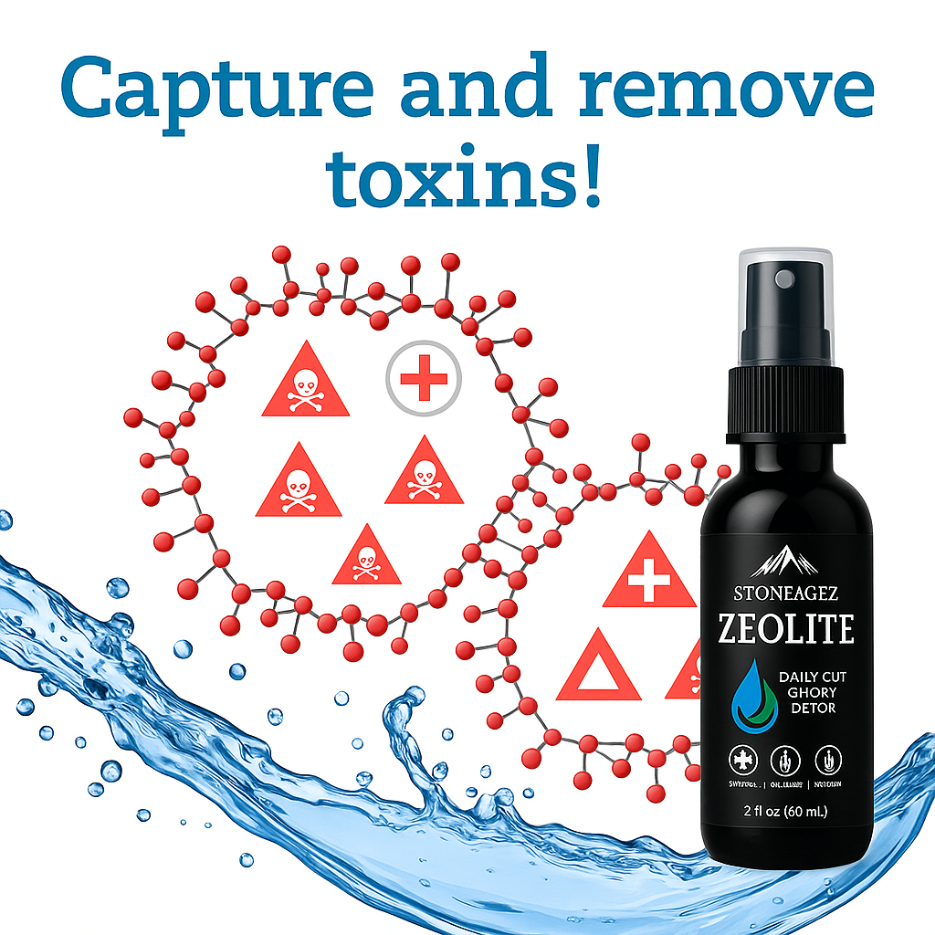 StoneAgez Zeolite Spray 60ml capture and remove toxins graphic with water splash and detox illustration
bel – clinoptilolite zeolite
