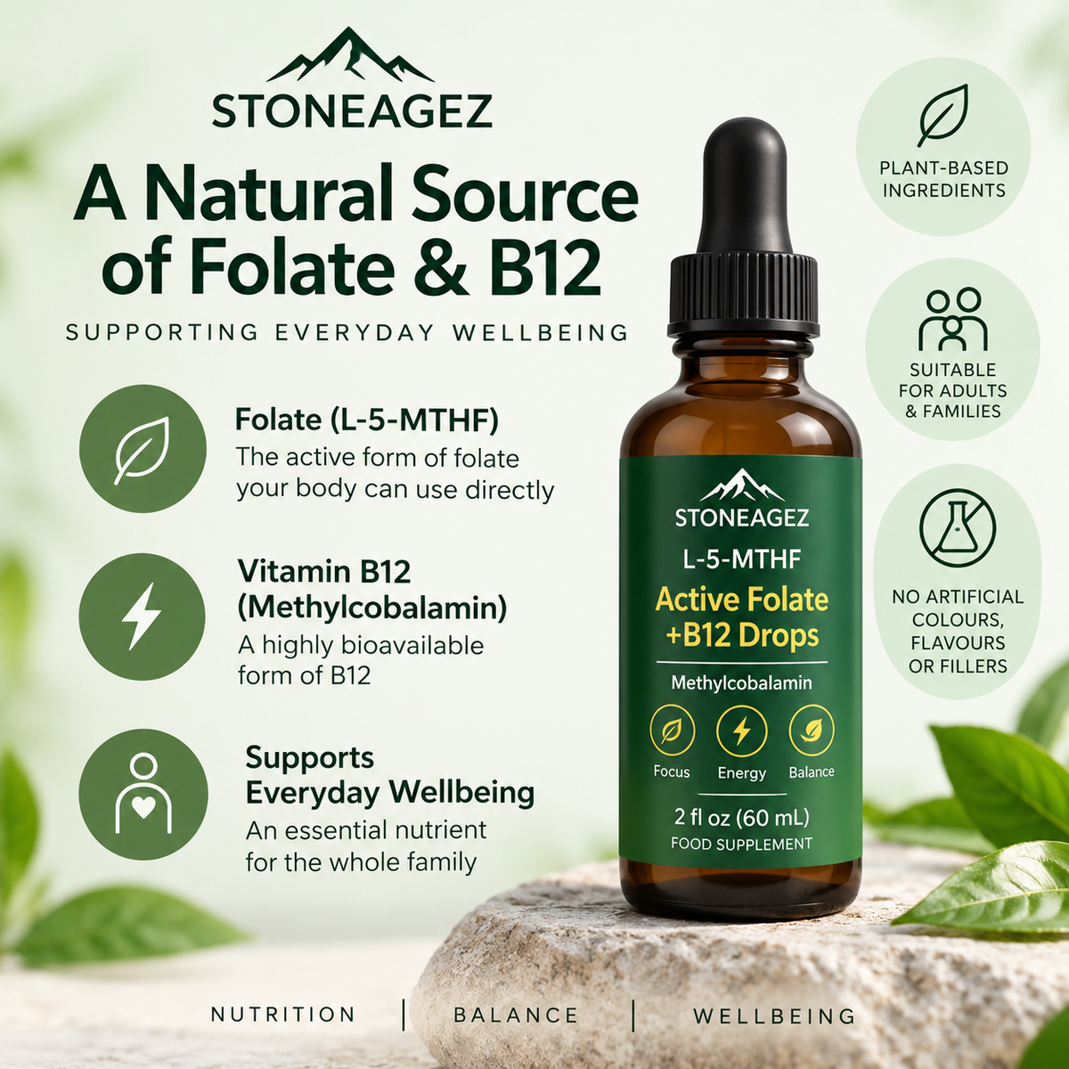 StoneAgez Active Folate L-5-MTHF and B12 Drops 60ml food supplement