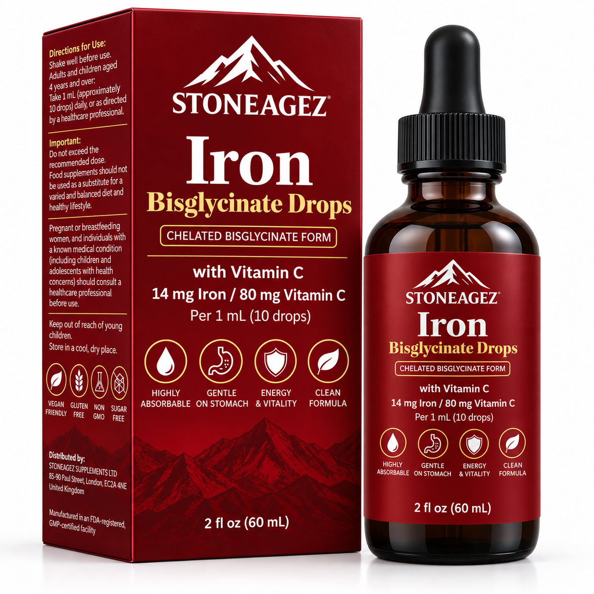 Chelated Iron Drops – Ferrous Bisglycinate with Vitamin C StoneAgez