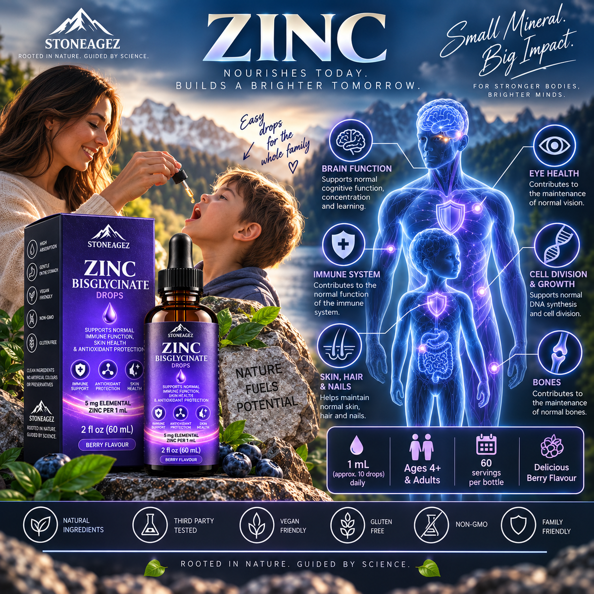 Zinc Bisglycinate Drops – 5mg Liquid Zinc | Berry Flavour | 60ml