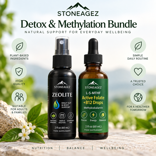 StoneAgez Zeolite Spray and Active Folate L-5-MTHF + B12 Drops Wellness Bundle