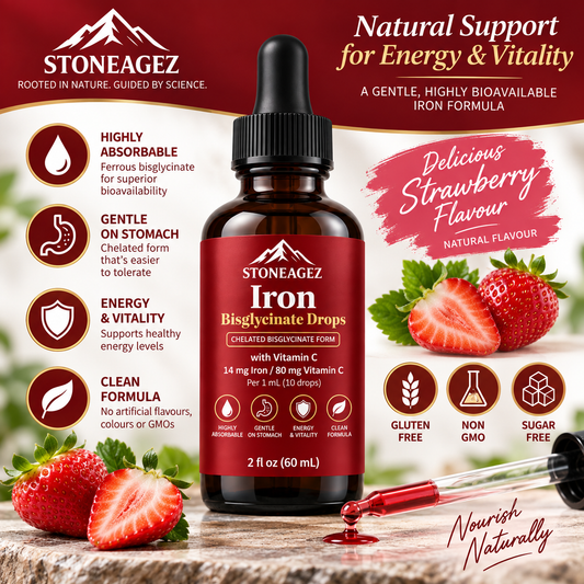 Chelated Iron Drops – Ferrous Bisglycinate with Vitamin C StoneAgez