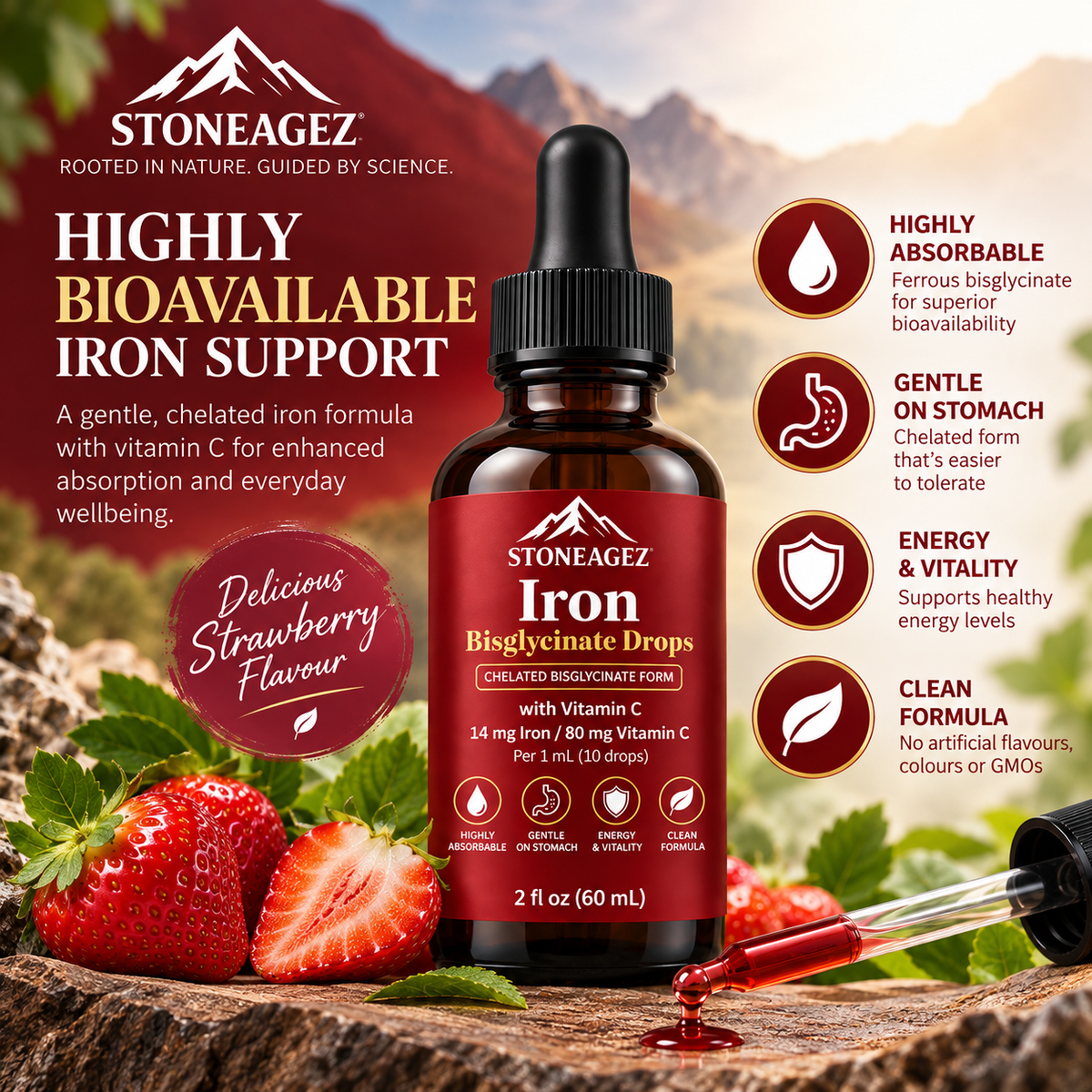 Chelated Iron Drops – Ferrous Bisglycinate with Vitamin C StoneAgez