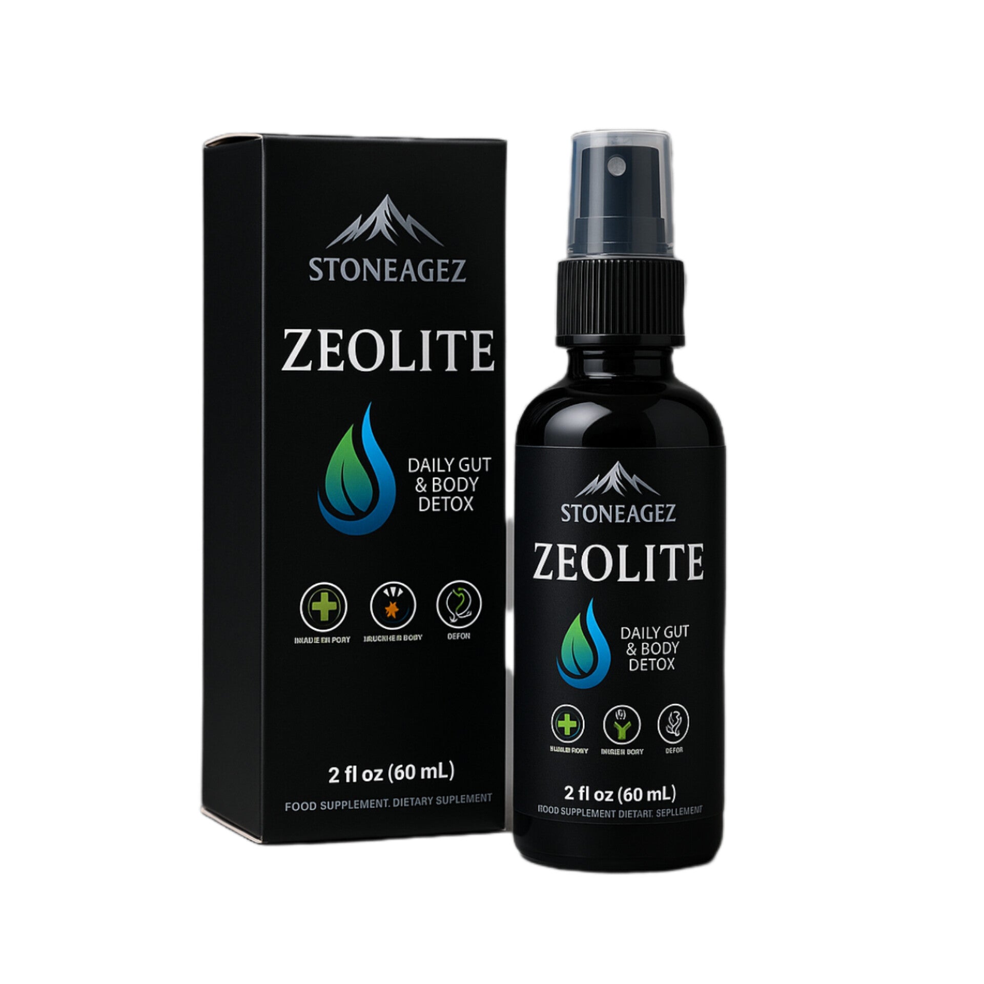 Stoneagez Zeolite Spray bottle, 60ml

Zeolite supplement spray for gut and detox support

Supplement facts label – clinoptilolite zeolite
