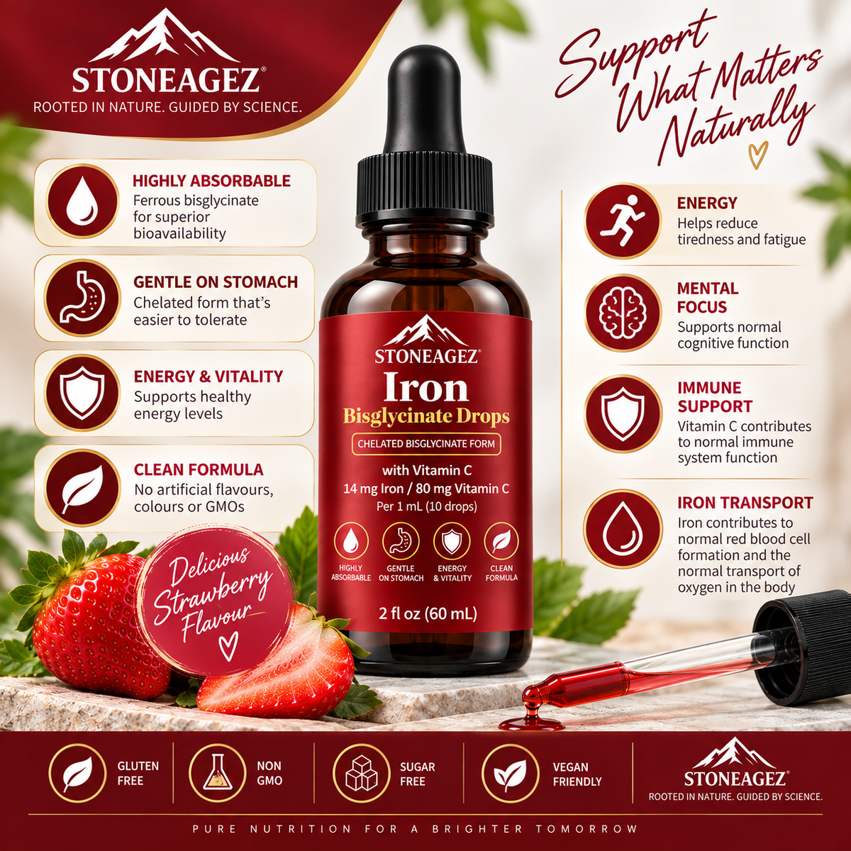 Chelated Iron Drops – Ferrous Bisglycinate with Vitamin C StoneAgez
