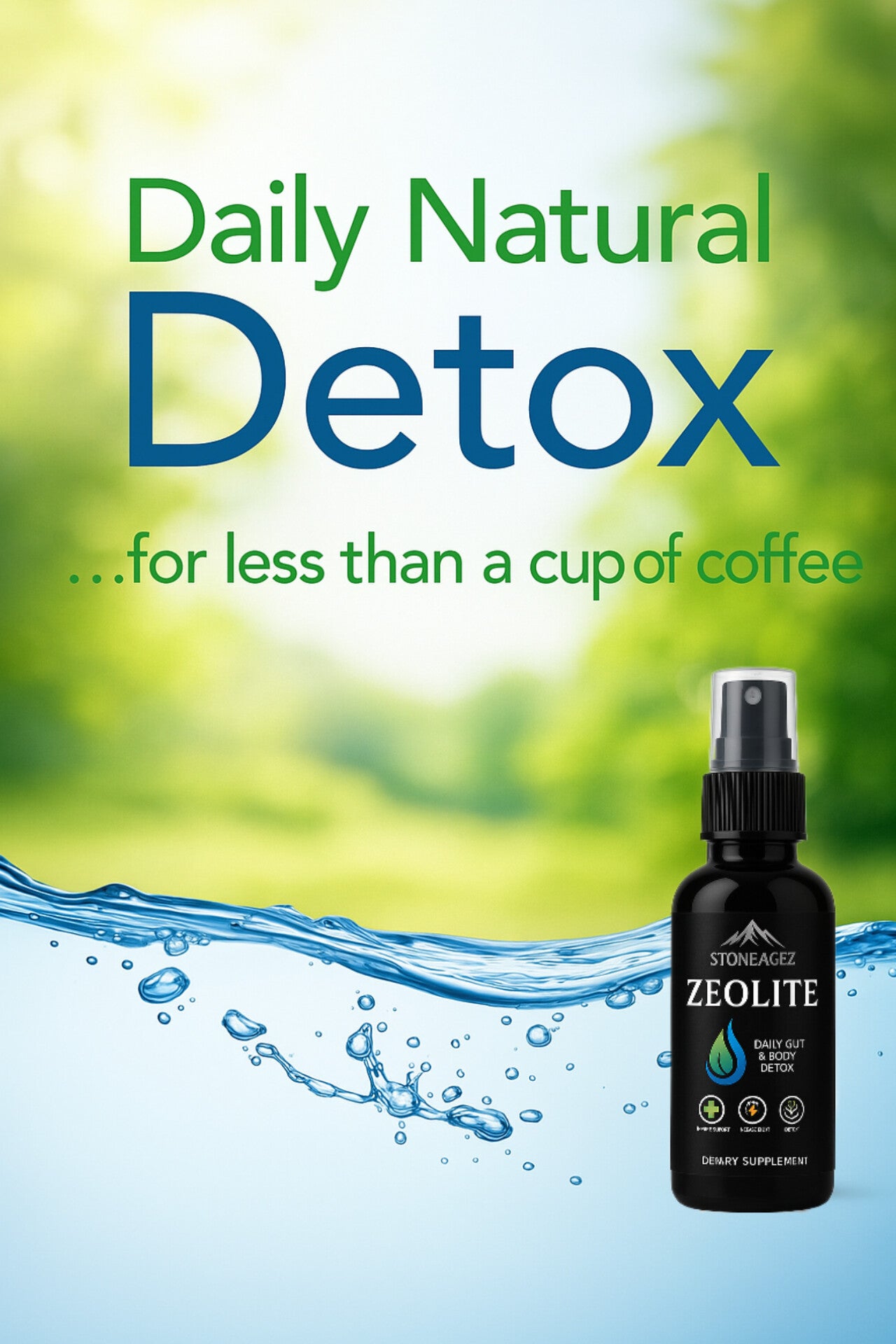 StoneAges Zeolite Spray 60ml daily natural detox supplement graphic with water splash and product bottle
TS label – clinoptilolite zeolite
