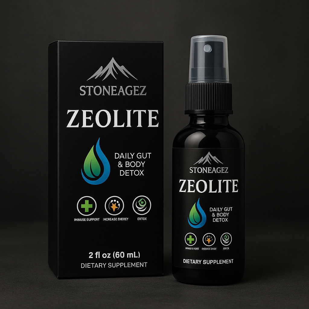 Stoneages Zeolite Spray 60ml product photo with box, natural supplement for parasite cleanse, gut health and body detox

Supplement facts label – clinoptilolite zeolite
