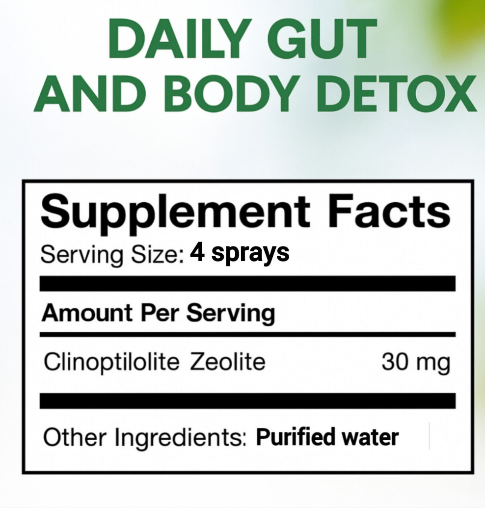 StoneAgez Zeolite Spray 60ml supplement facts panel showing clinoptilolite zeolite ingredients and serving size
clinoptilolite zeolite
